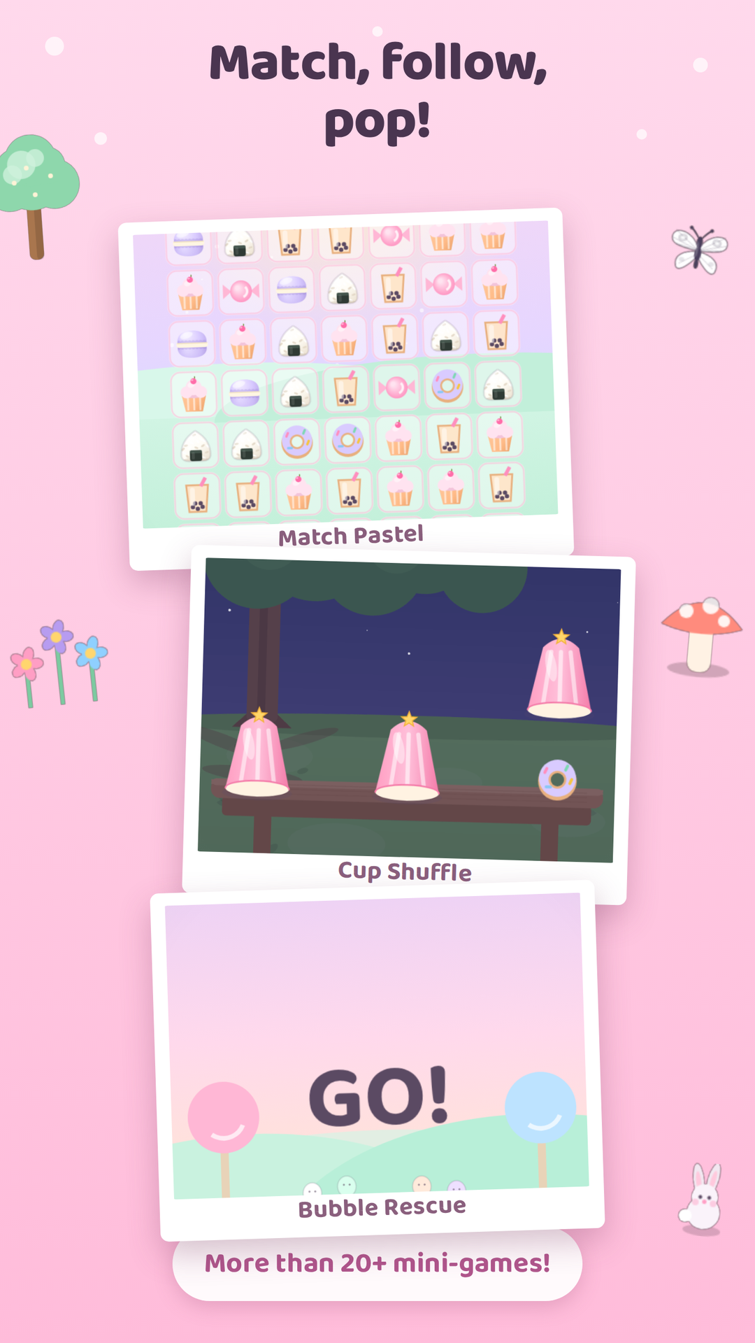 Mini-games including Match Pastel, Cup Shuffle and Bubble Rescue