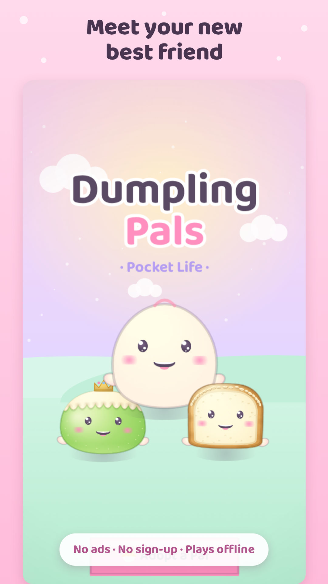 Dumpling Pals title screen with three dumpling characters on a green meadow
