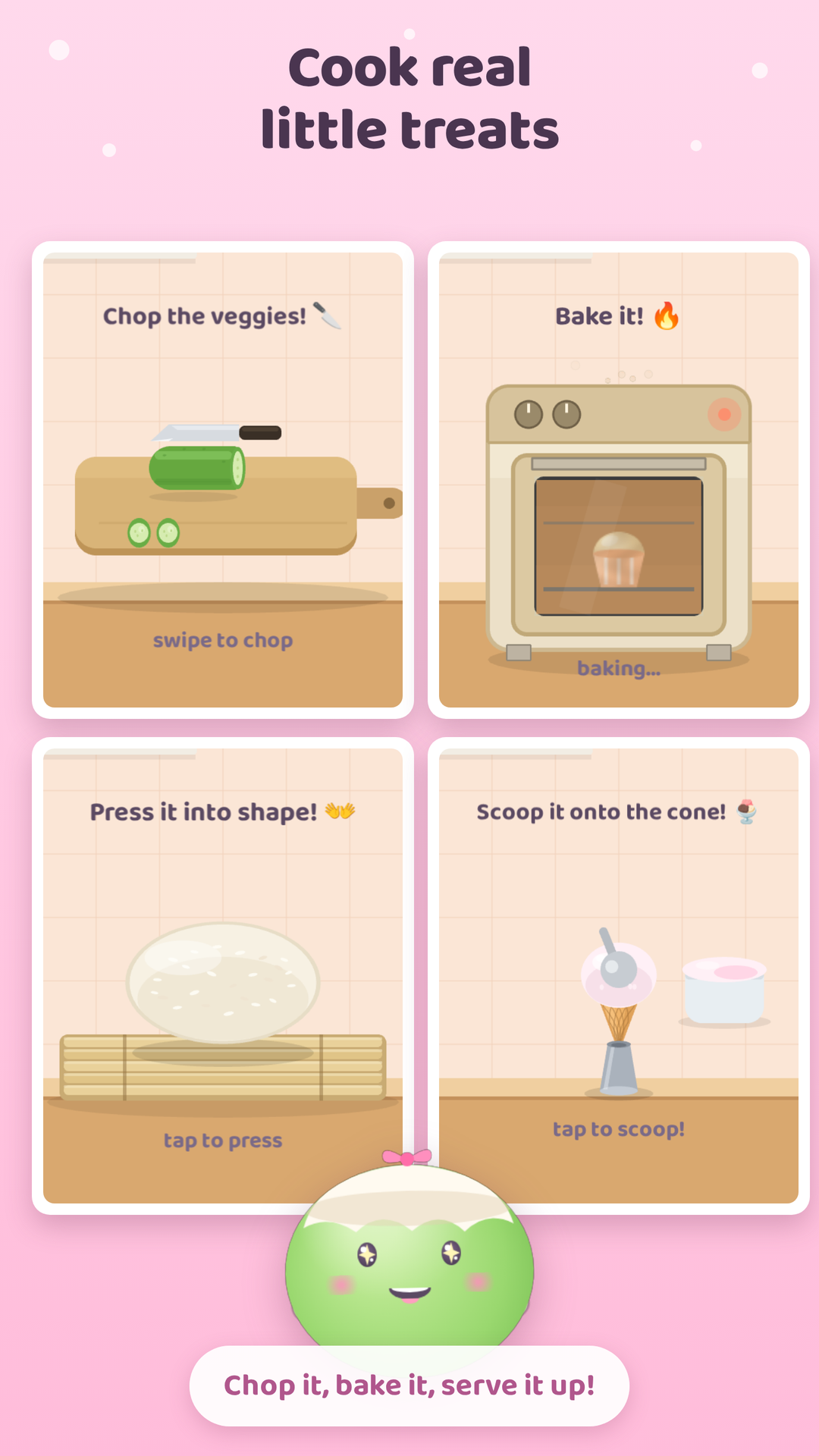 Cooking mini-games: chopping veggies, baking, pressing dough and scooping ice cream
