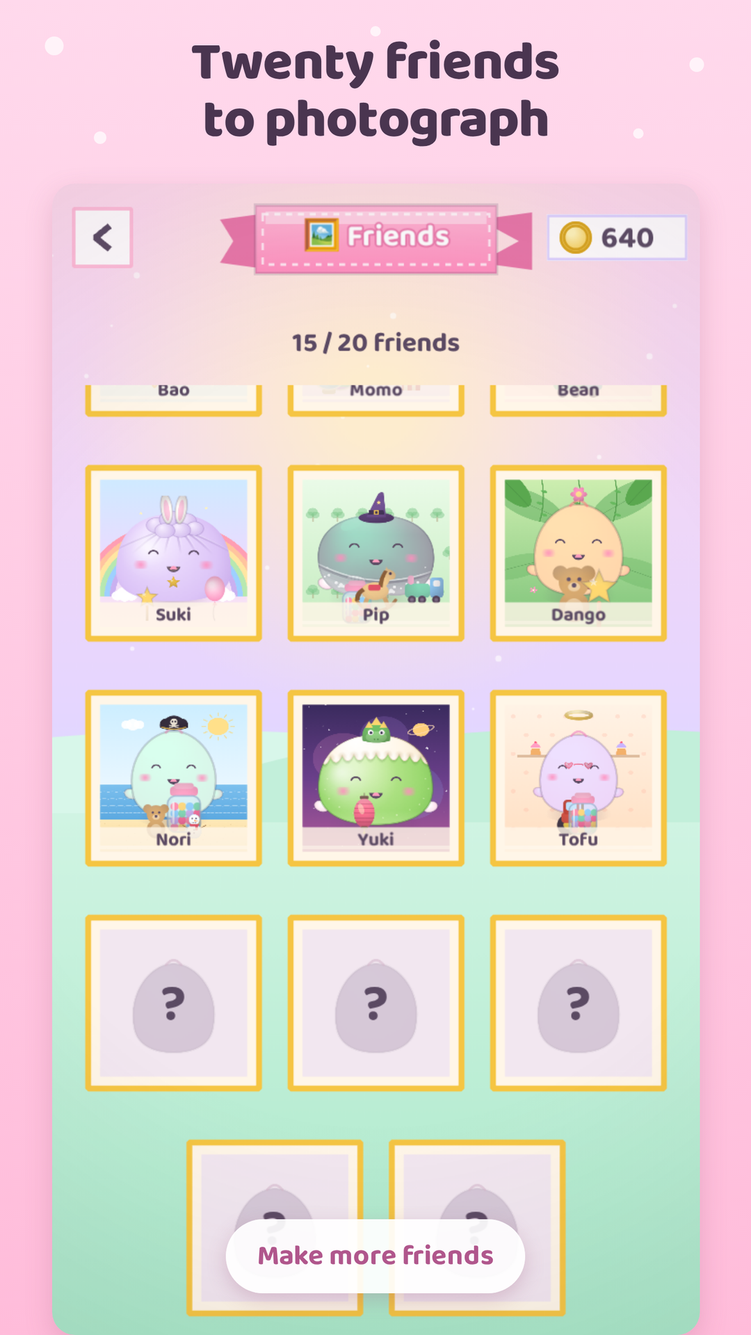 The friends album showing twenty collectible dumpling friends, fifteen already photographed