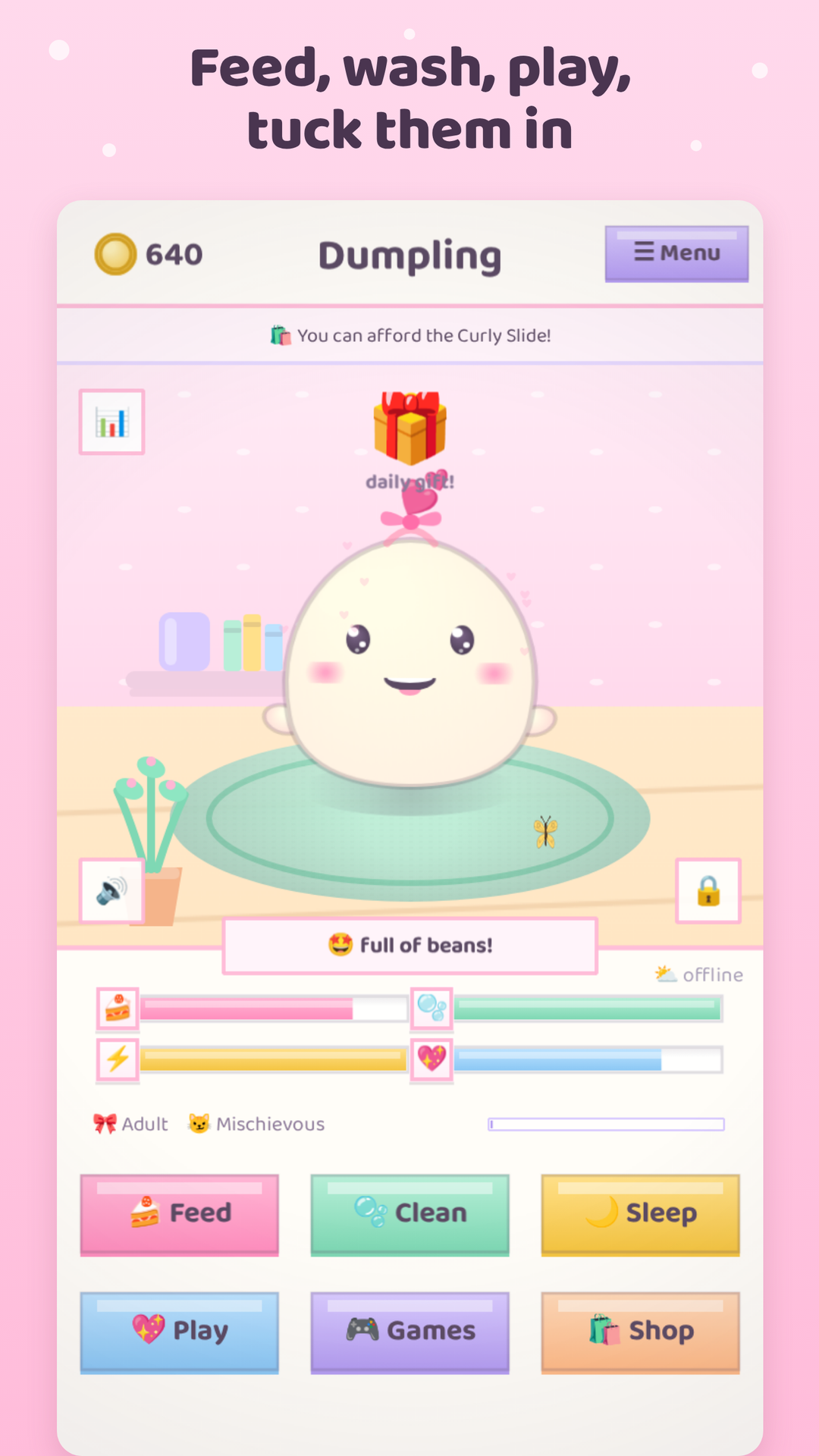 The home screen showing a dumpling in its room with feed, clean, sleep, play, games and shop buttons