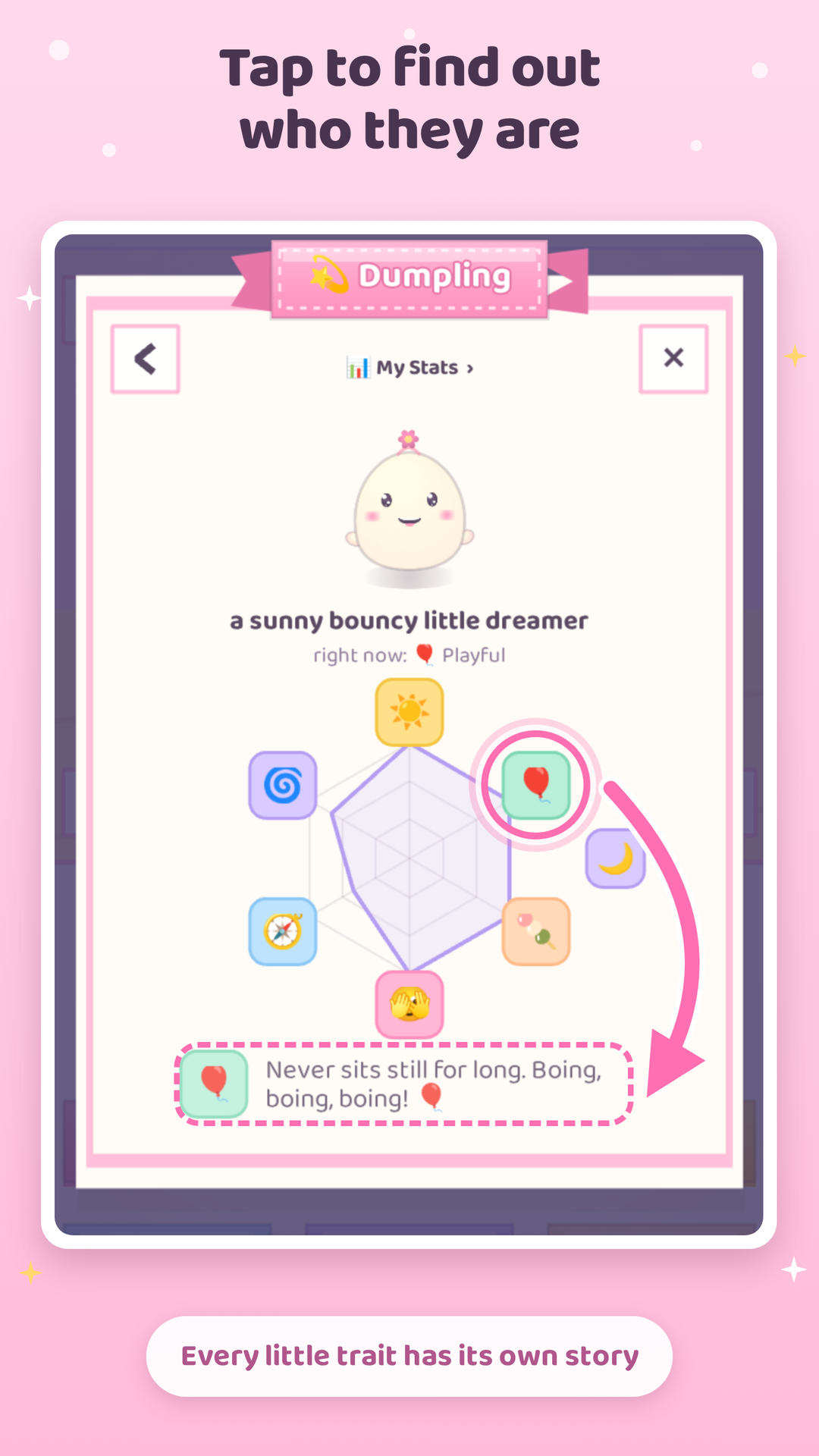 The stats screen showing a personality web with traits such as playful and sleepy